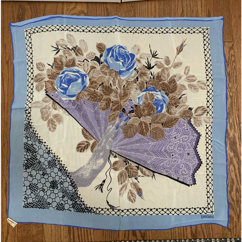 Loredano Foulard Baby Blue Neutral floral Bouquet 100% Pure Silk Vintage Rolled